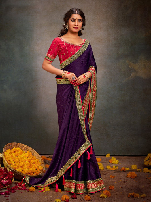 Purple Purple Party Wear Satin Silk Embroidered Saree
