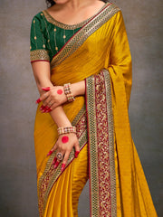 Elegant Yellow Georgette Satin Saree - The Dori Store