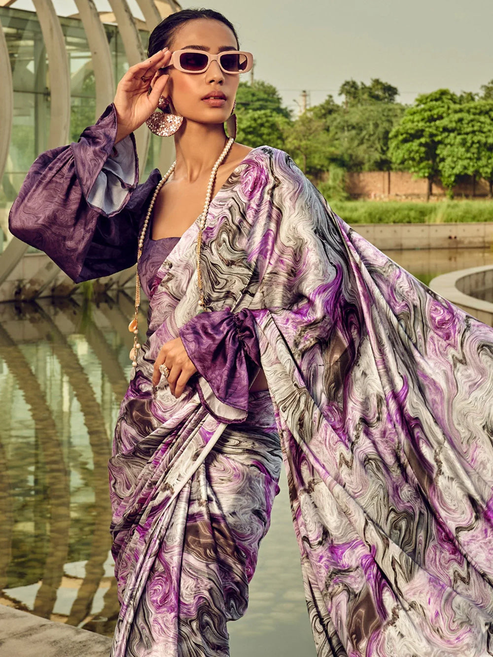 Purple Satin Crepe Digital Printed Silk Saree - The Dori Store