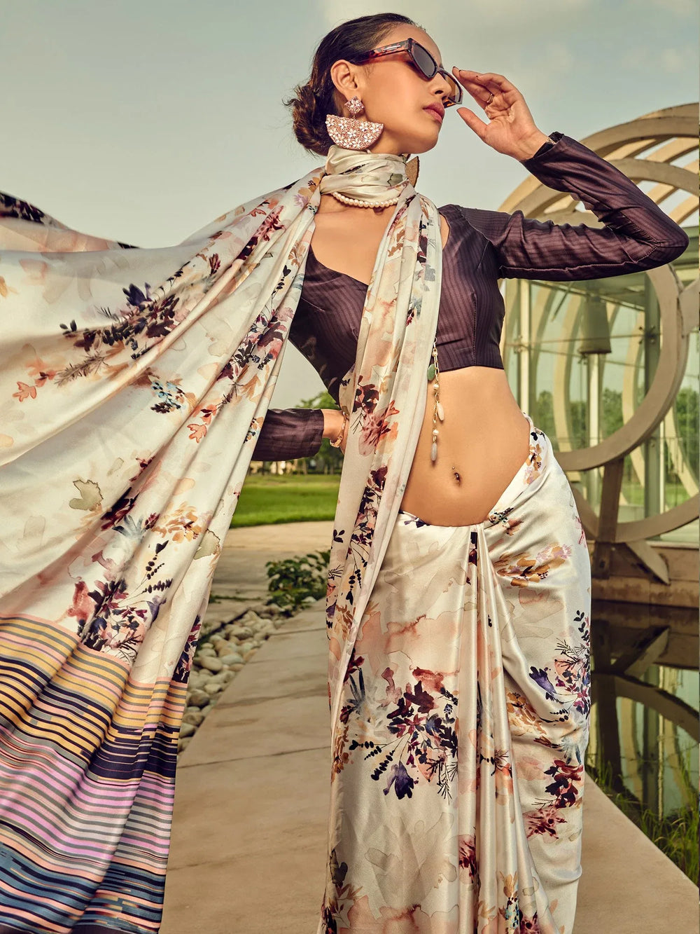 Cream Crepe Digital Printed Silk Saree - The Dori Store