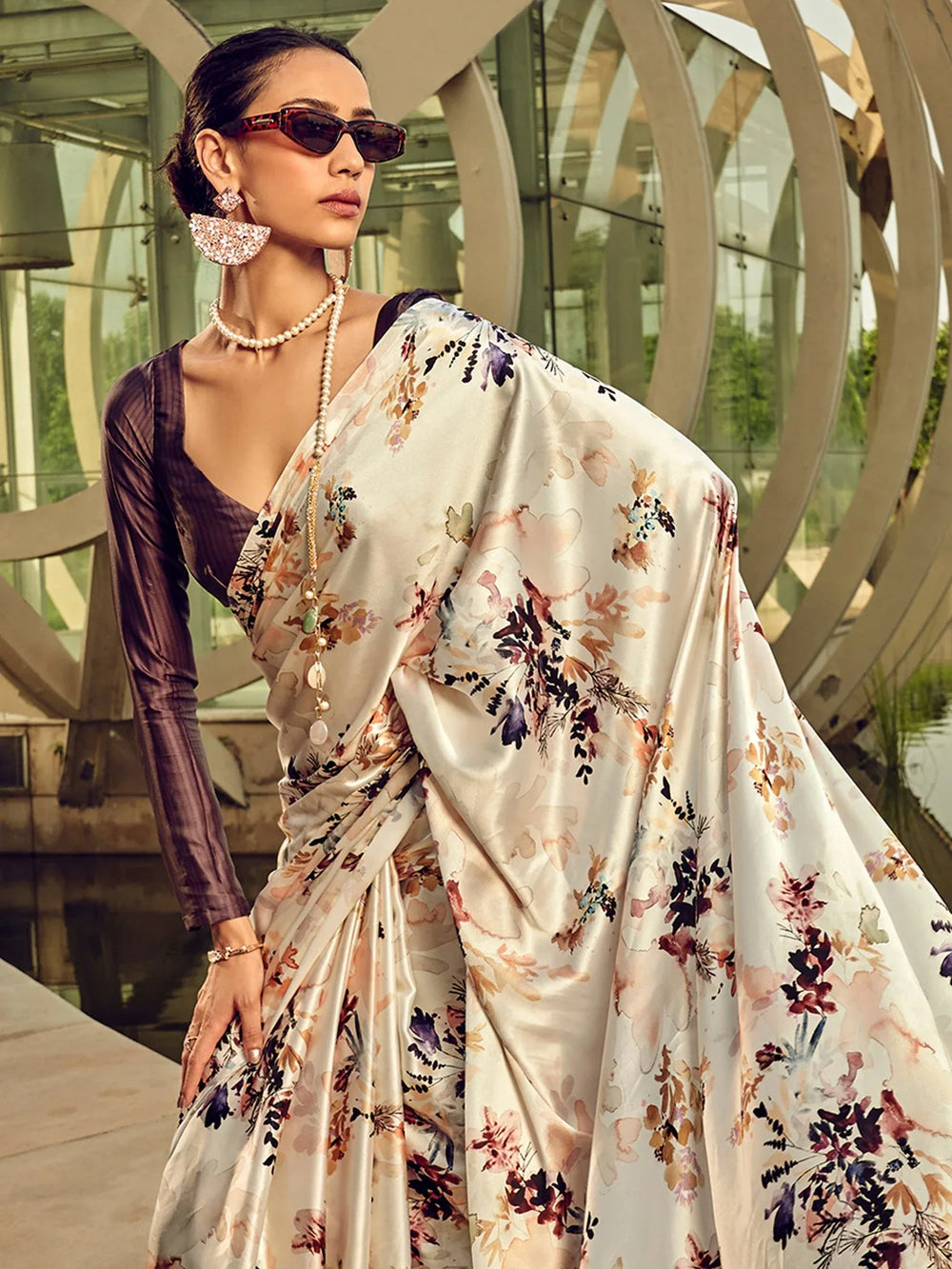 Cream Crepe Digital Printed Silk Saree - The Dori Store