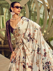 Cream Crepe Digital Printed Silk Saree - The Dori Store