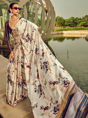 Cream Crepe Digital Printed Silk Saree - The Dori Store