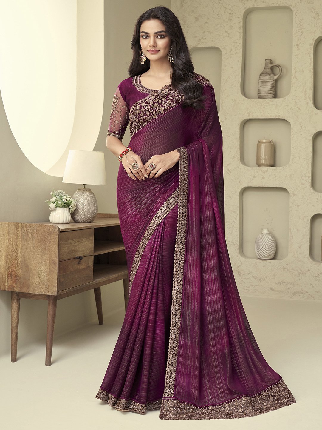 Purple Purple Party Wear Georgette Embellished Saree