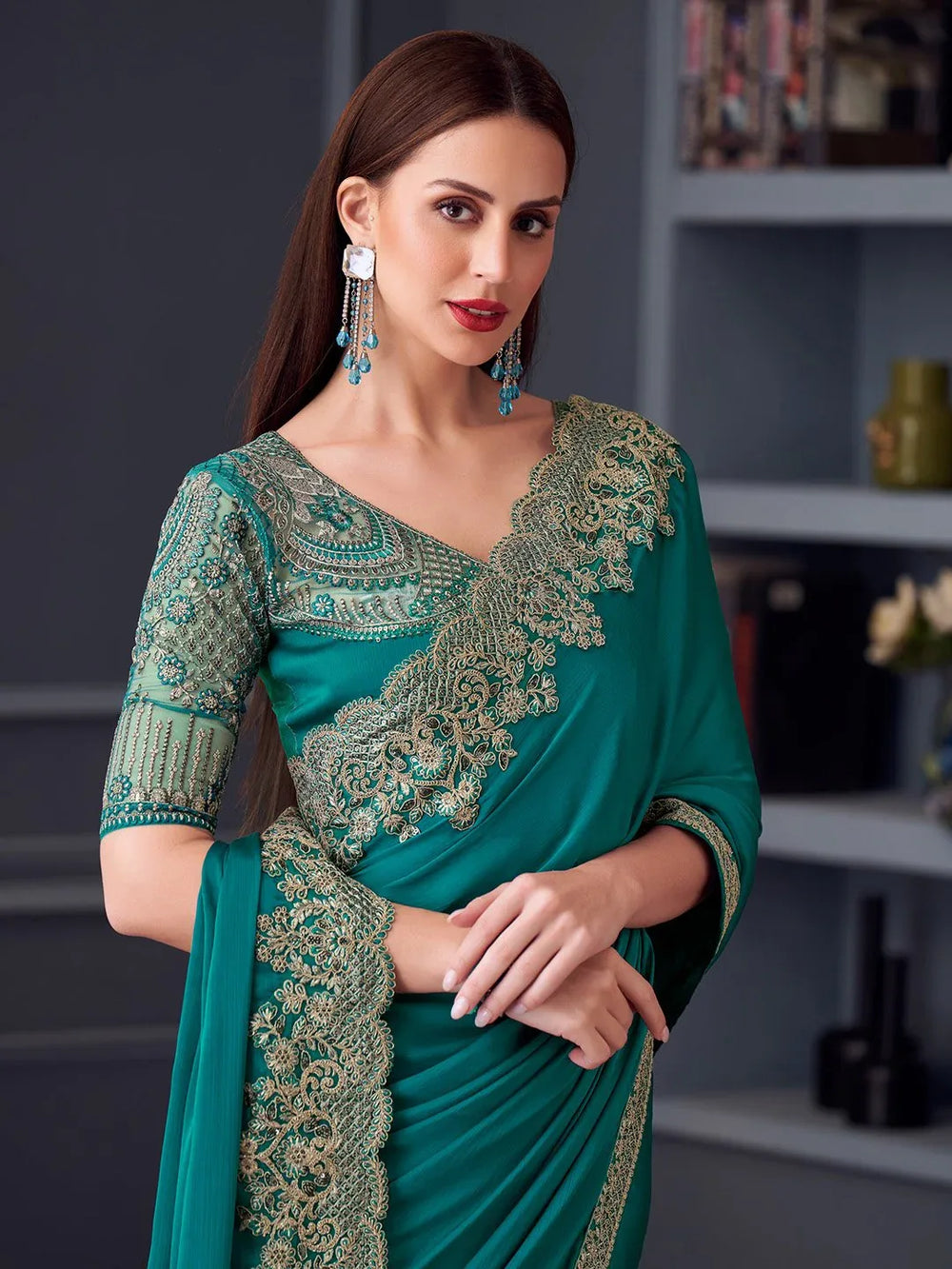 Blue Party Wear Pure Chiffon Embellished Saree - The Dori Store