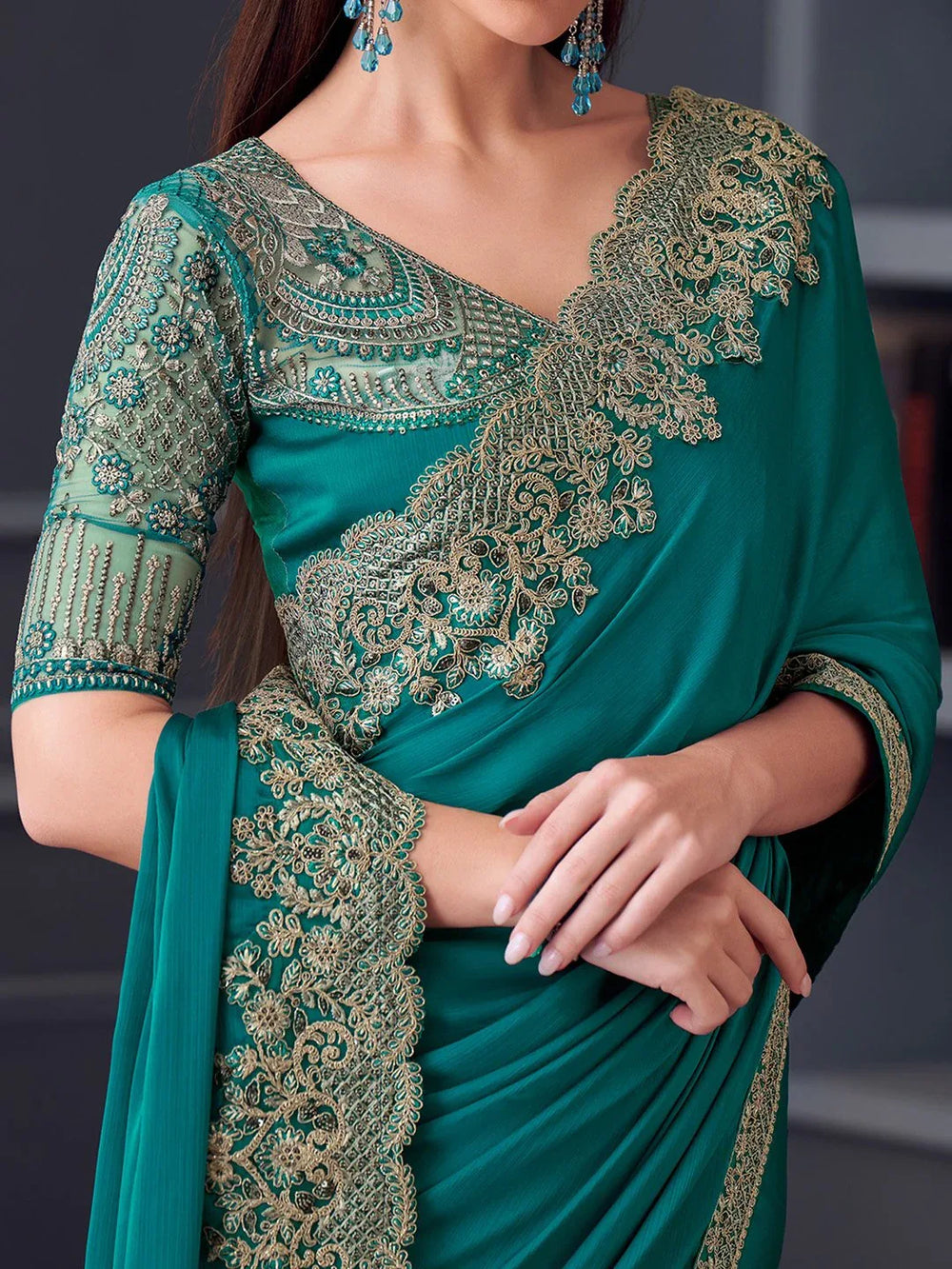 Blue Party Wear Pure Chiffon Embellished Saree - The Dori Store