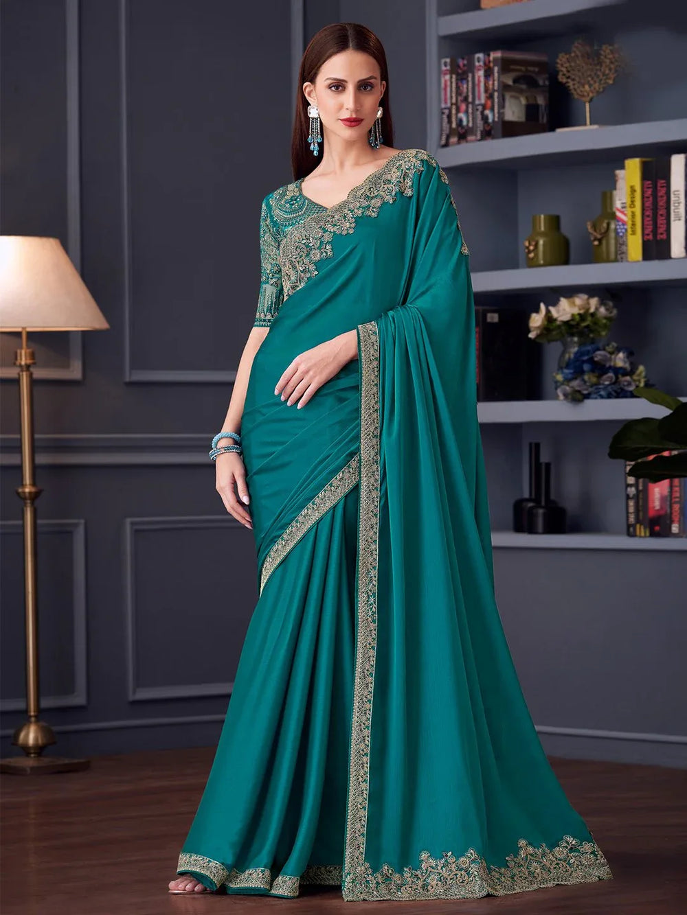 Blue Party Wear Pure Chiffon Embellished Saree - The Dori Store
