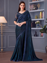 Navy Party Wear Pure Georgette Embellished Saree - The Dori Store
