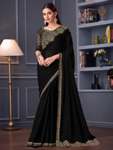 Black Party Wear Satin Silk Embellished Saree - The Dori Store