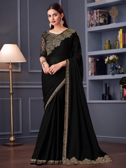 Black Black Party Wear Satin Silk Embellished Saree