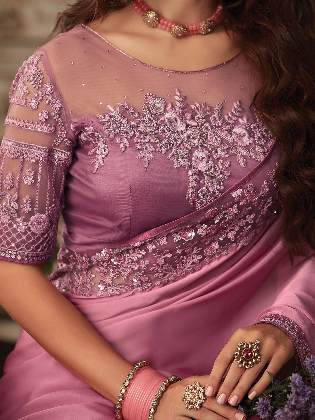 Mauve Party Wear Satin Silk Embellished Saree