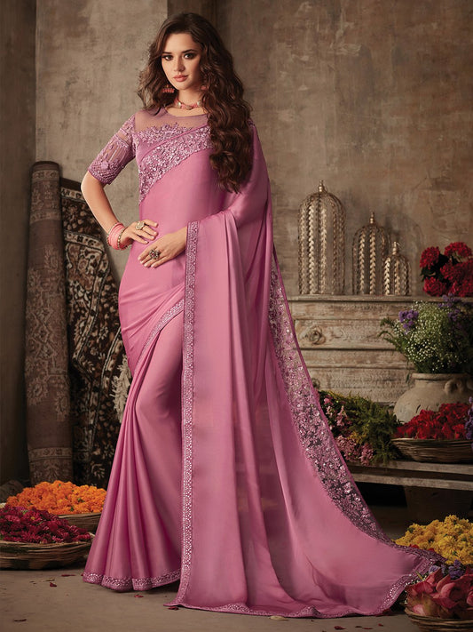 Pink Mauve Party Wear Satin Silk Embellished Saree