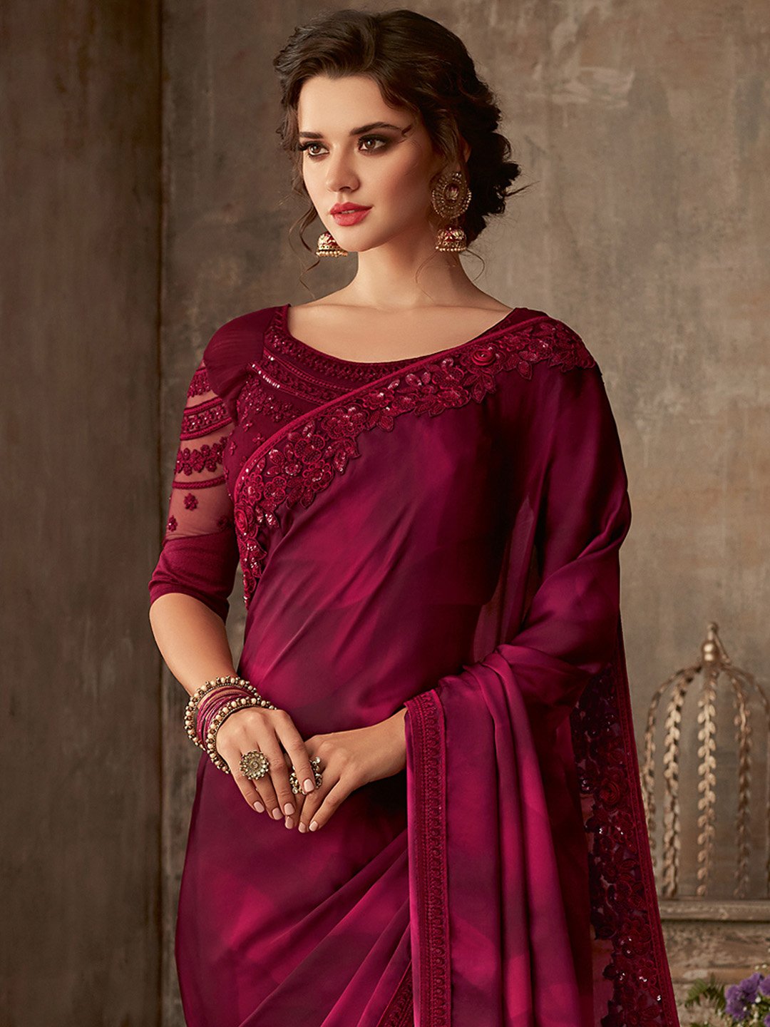 Magenta Party Wear Pure Chiffon Embellished Saree