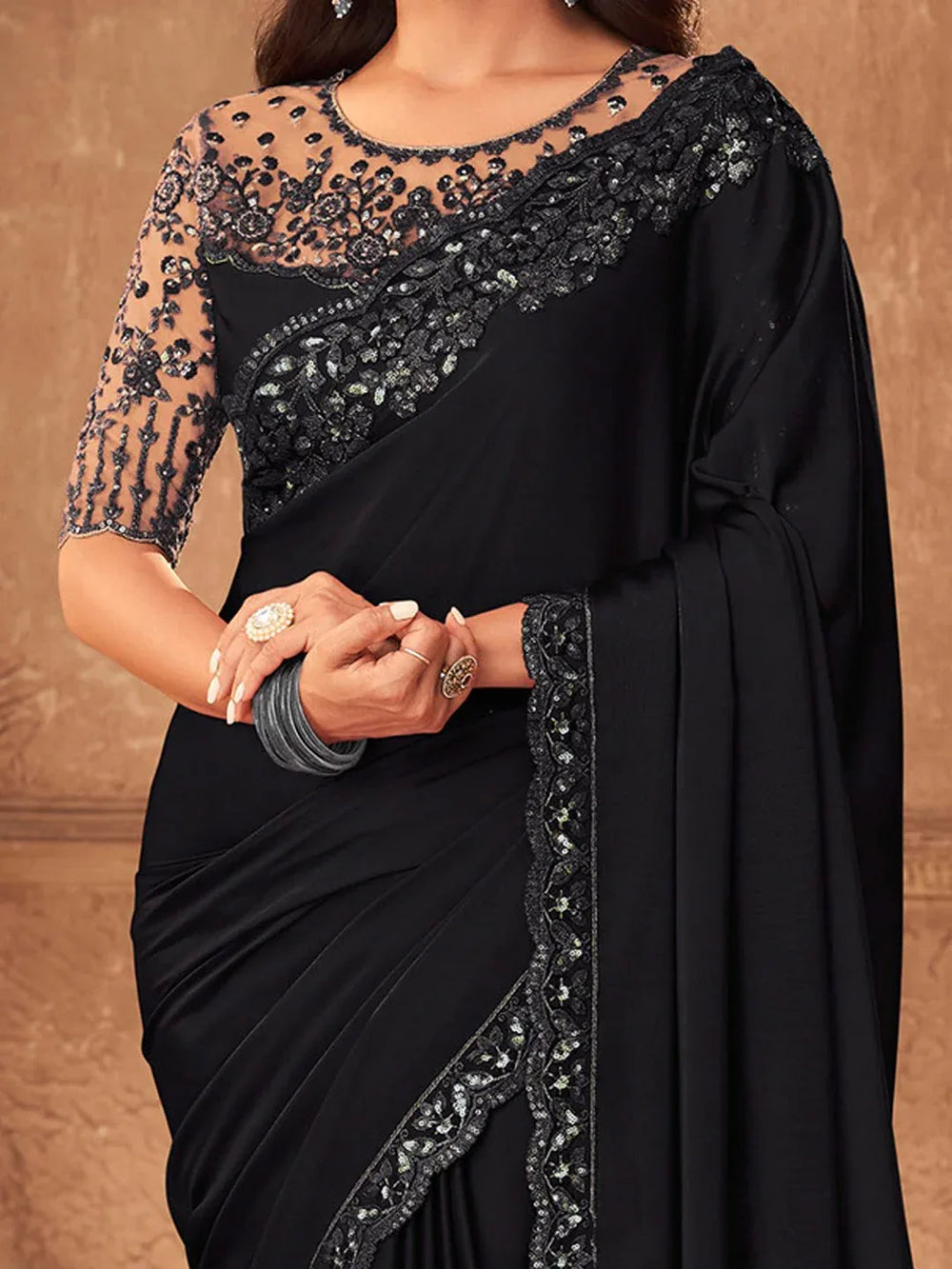 Black Party Wear Pure Chiffon Embellished Saree - The Dori Store