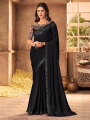 Black Party Wear Pure Chiffon Embellished Saree - The Dori Store