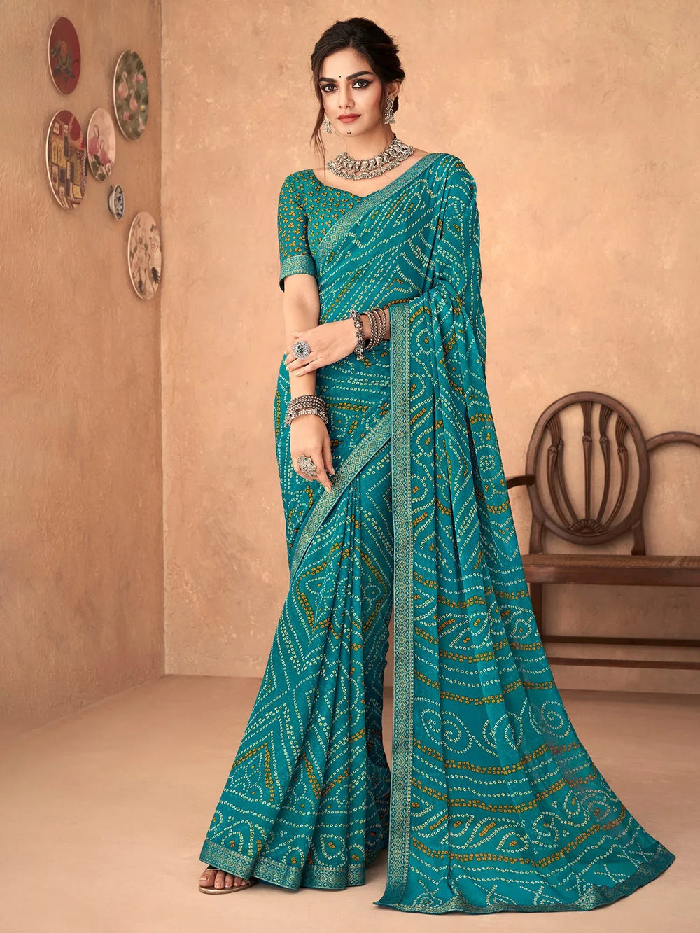 Teal Blue Printed Chiffon Saree - The Dori Store