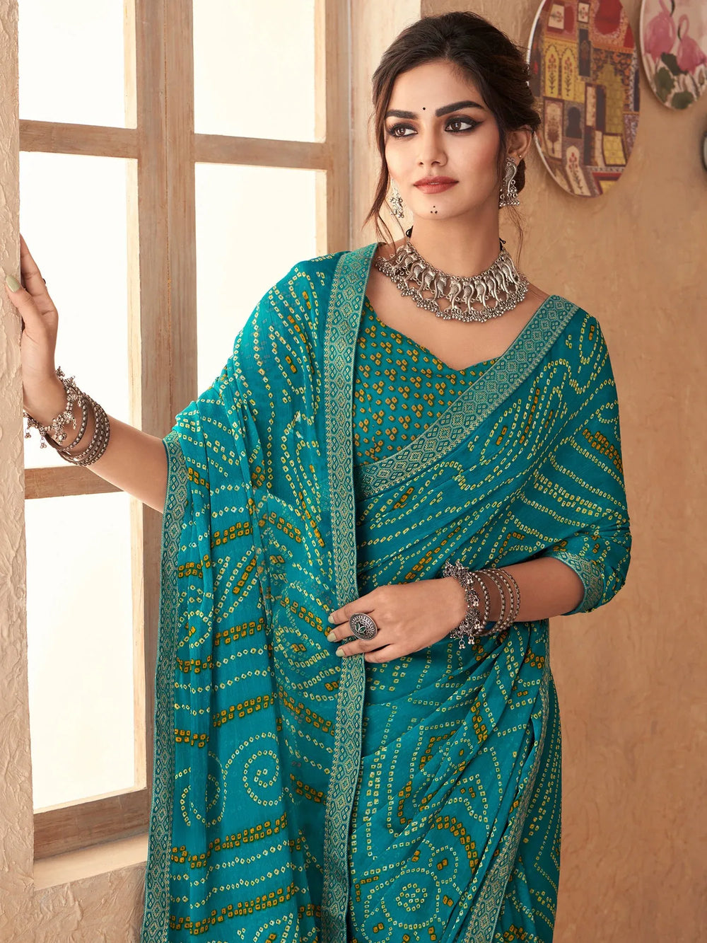 Teal Blue Printed Chiffon Saree - The Dori Store