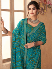 Teal Blue Printed Chiffon Saree - The Dori Store