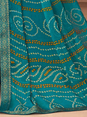Teal Blue Printed Chiffon Saree - The Dori Store
