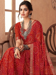 Classic Red Printed Chiffon Saree - The Dori Store