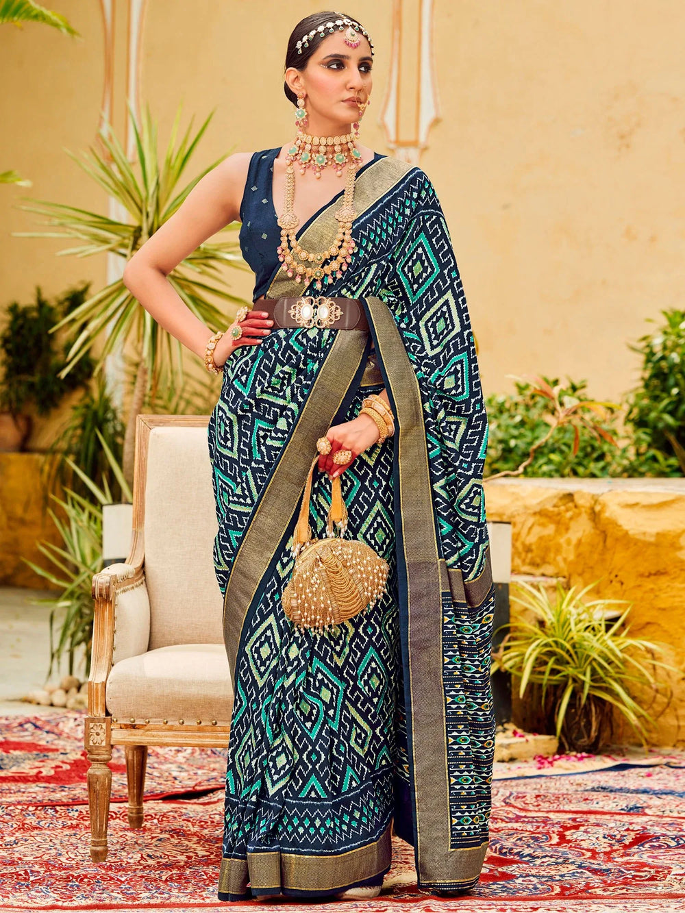 Navy Blue Patola Silk Saree - The Dori Store