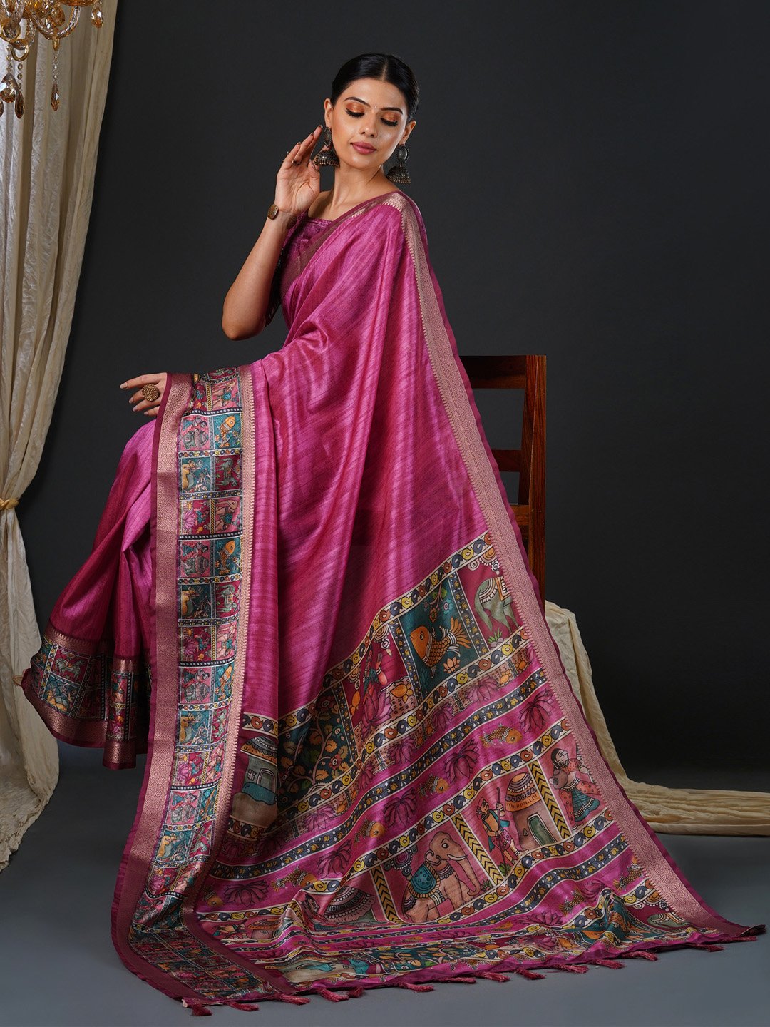 Pink Block Print Mysore Silk Printed Saree
