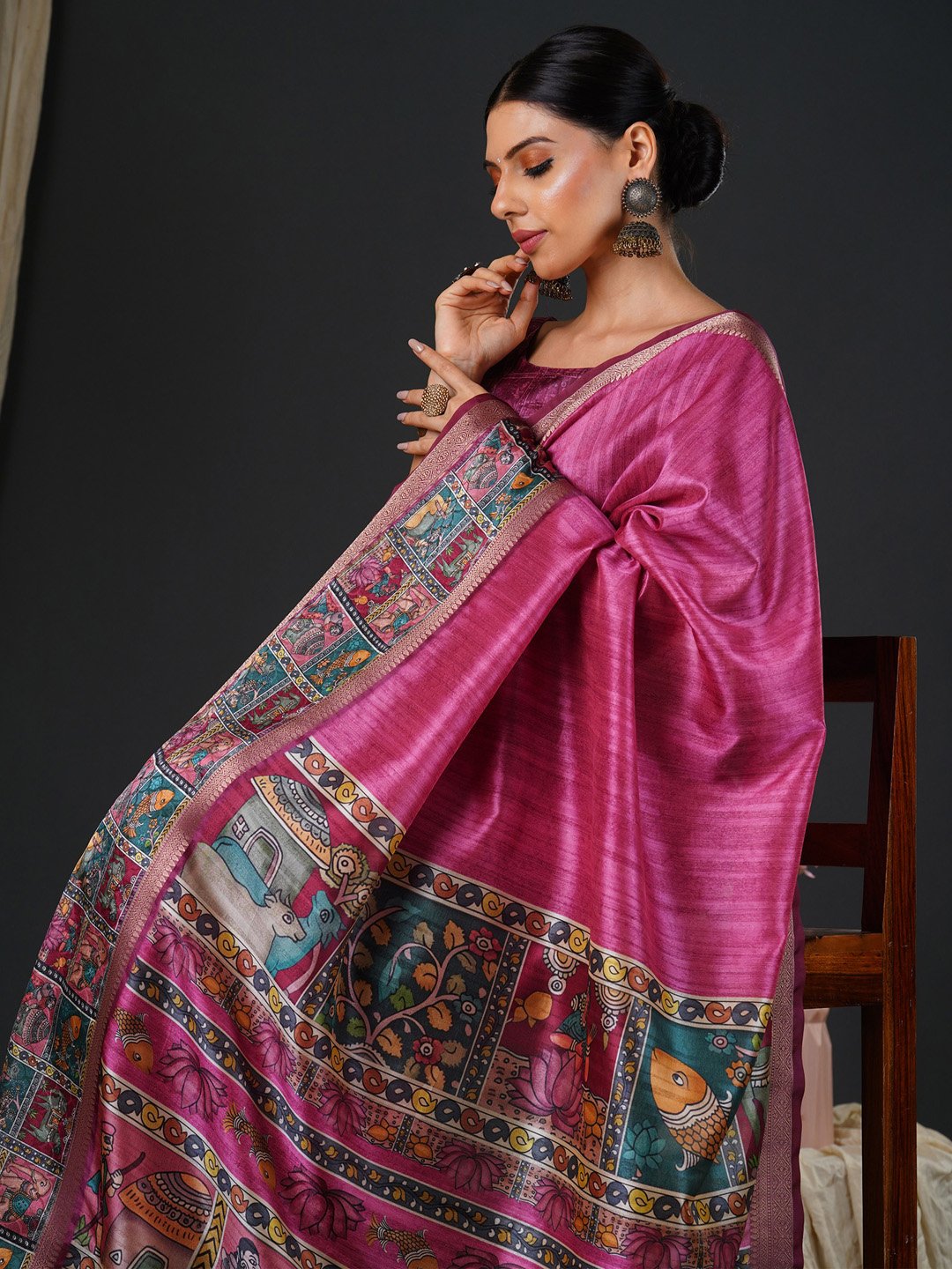 Pink Block Print Mysore Silk Printed Saree