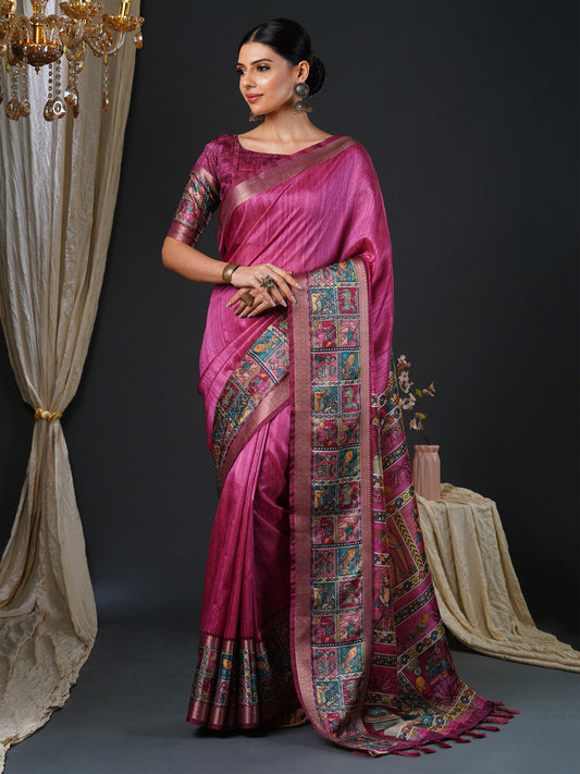 Pink Pink Block Print Mysore Silk Printed Saree