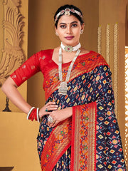 Gujrati Traditional Blue Ikat Patola Saree - The Dori Store