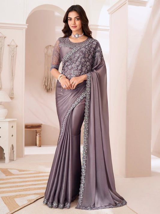 Purple Mauve Party Wear Satin Silk Embellished Saree