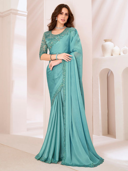 Blue Turquoise Party Wear Pure Georgette Embellished Saree