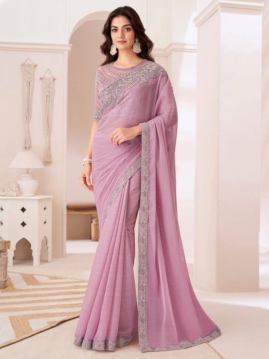 Pink Pink Party Wear Pure Chiffon Embellished Saree