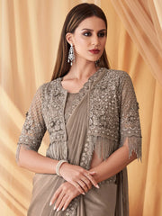 Regal Grey Flowing Georgette Sequins Embellished Saree - The Dori Store