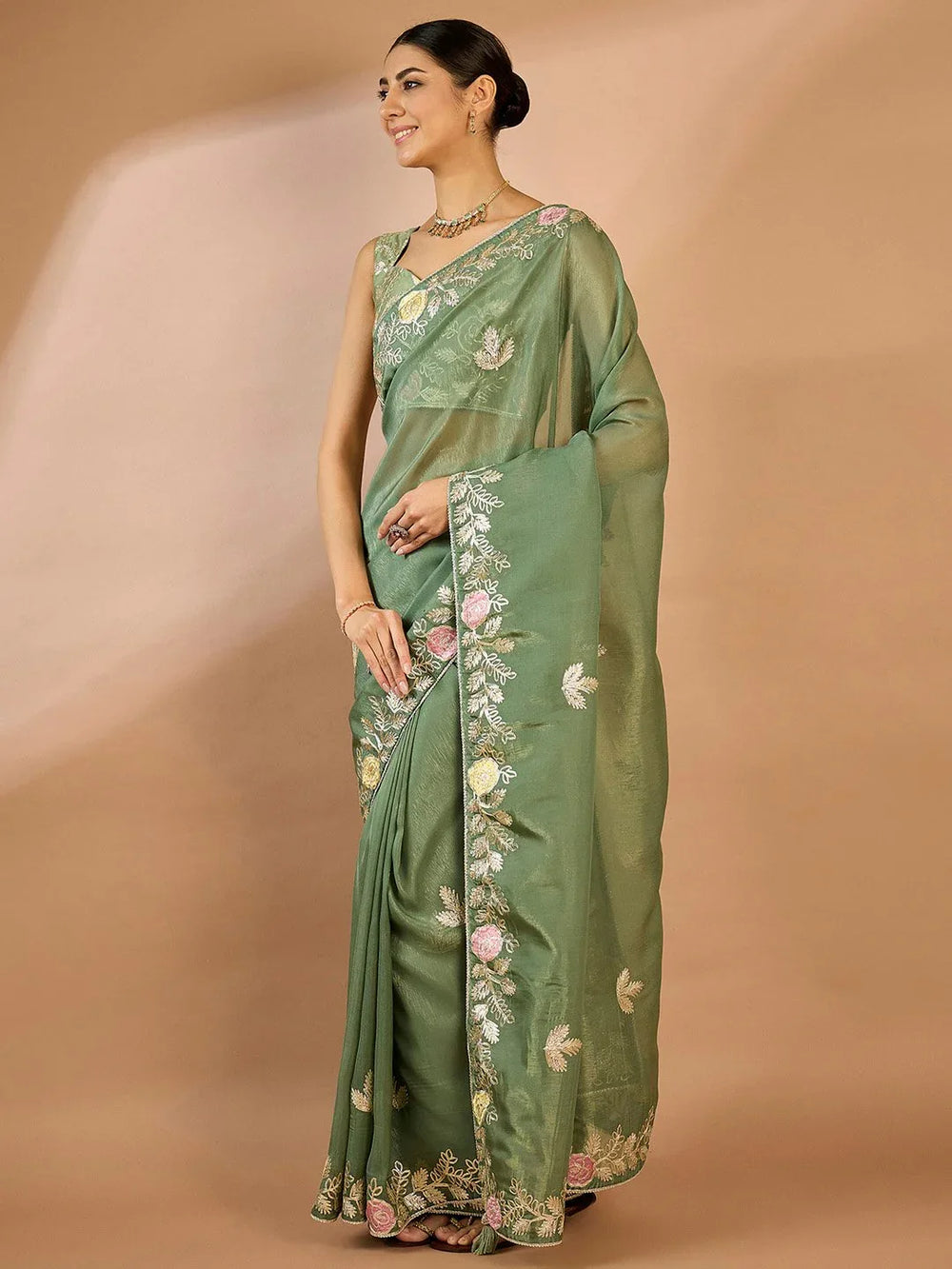 Sea Party Wear Organza Embellished Saree - The Dori Store