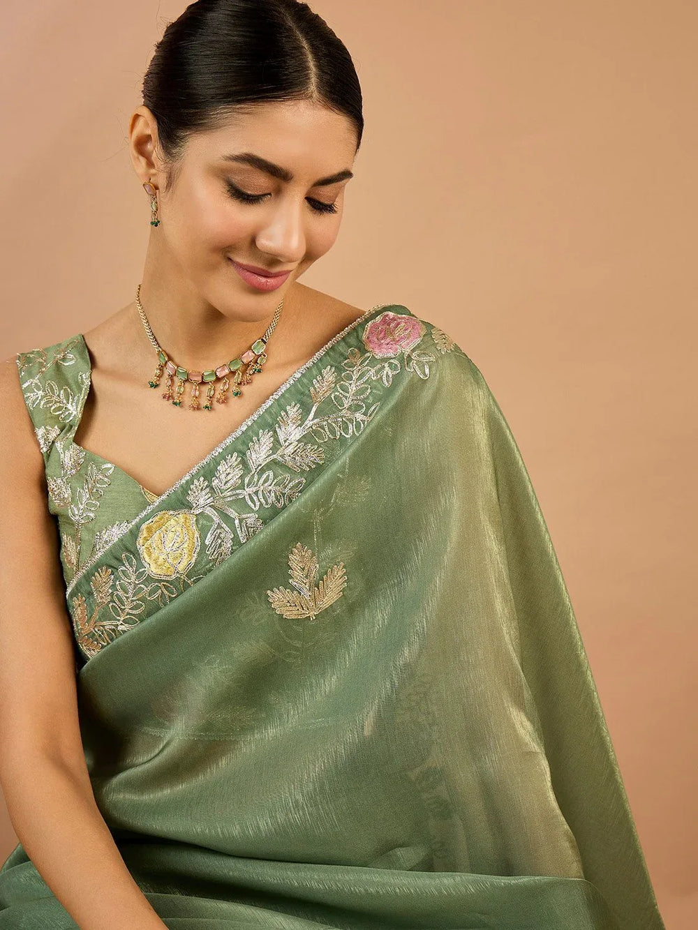 Sea Party Wear Organza Embellished Saree - The Dori Store