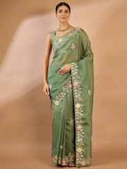 Sea Party Wear Organza Embellished Saree - The Dori Store