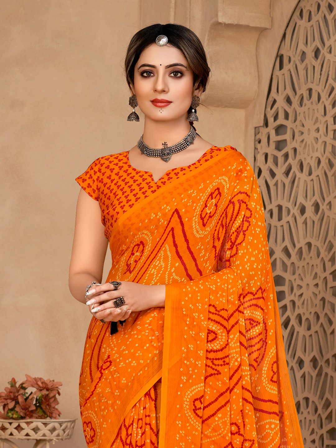 Orange Bandhani Chiffon Printed Saree