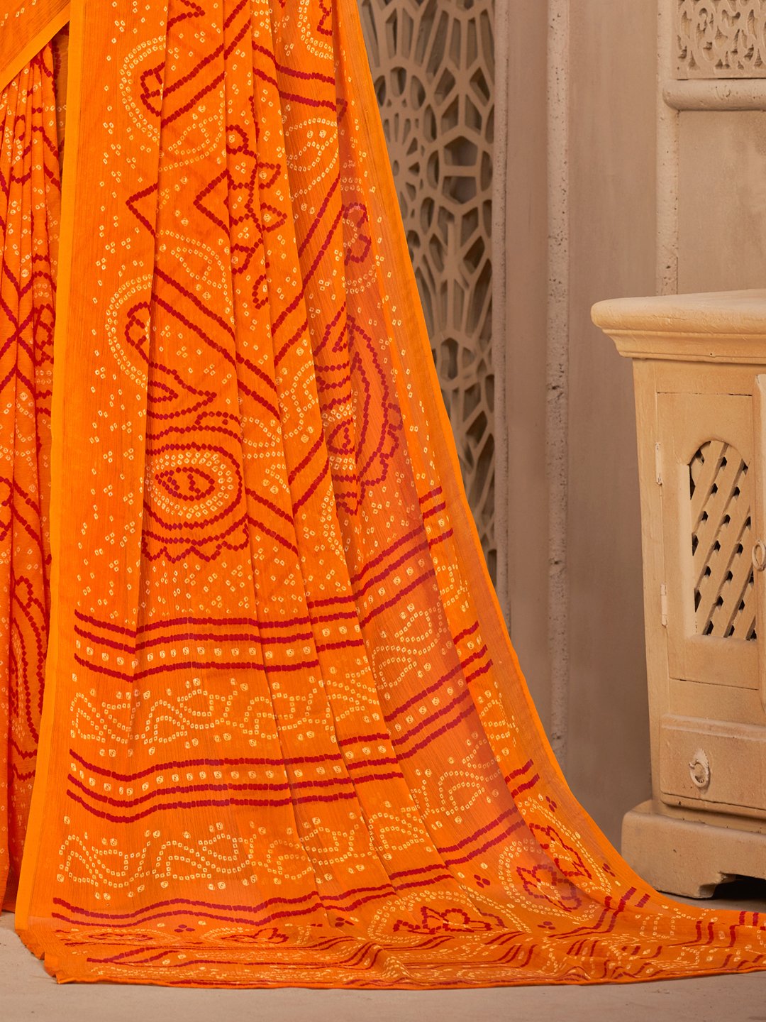 Orange Bandhani Chiffon Printed Saree
