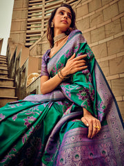 Peacock Green Partywear Satin Silk Saree - The Dori Store