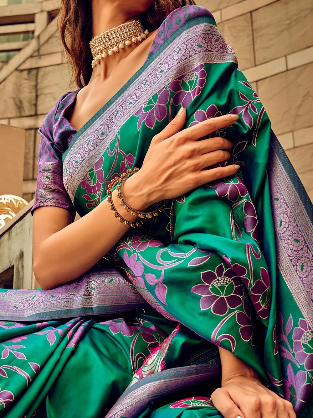 Peacock Green Partywear Satin Silk Saree - The Dori Store