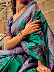 Peacock Green Partywear Satin Silk Saree - The Dori Store