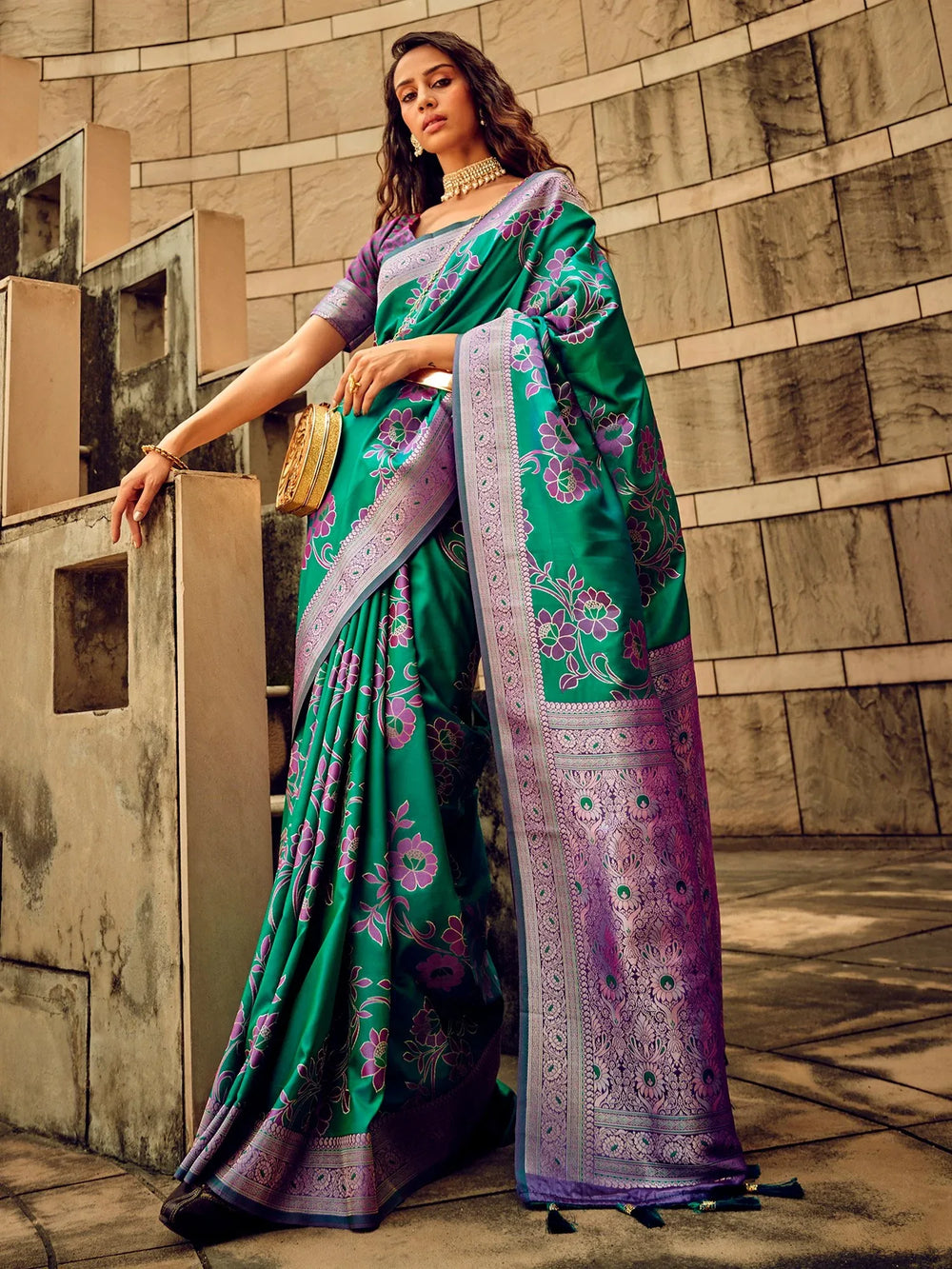 Peacock Green Partywear Satin Silk Saree - The Dori Store
