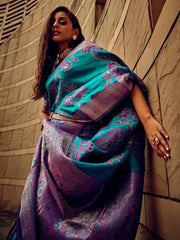 Teal Blue Partywear Satin Silk Saree - The Dori Store