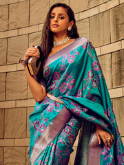 Teal Blue Partywear Satin Silk Saree - The Dori Store