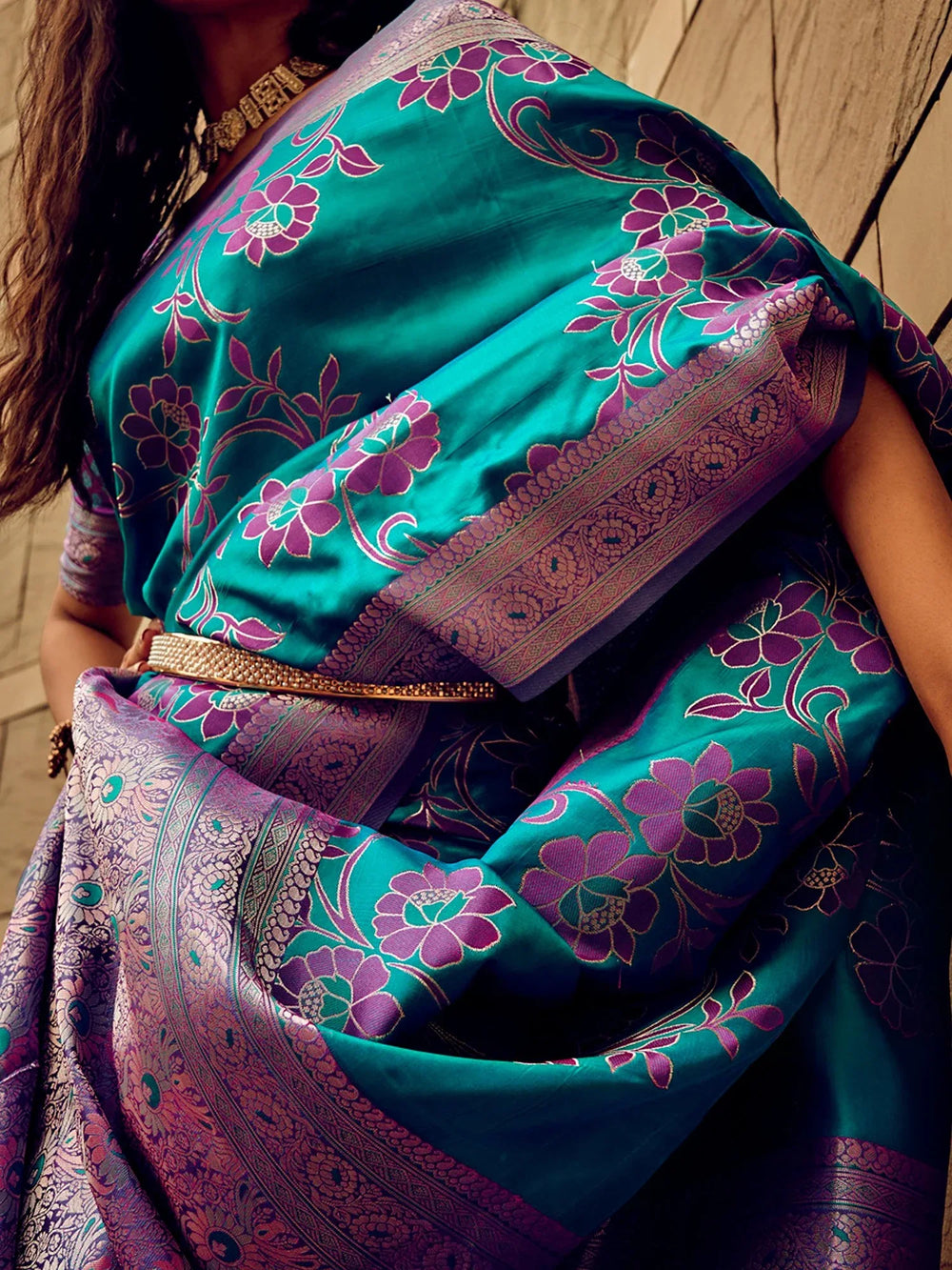 Teal Blue Partywear Satin Silk Saree - The Dori Store