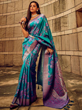 Teal Blue Partywear Satin Silk Saree - The Dori Store