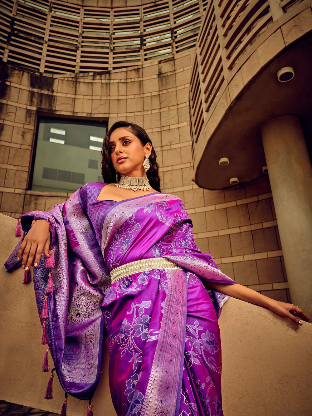 Plum Purple Partywear Satin Silk Saree - The Dori Store