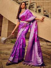 Plum Purple Partywear Satin Silk Saree - The Dori Store