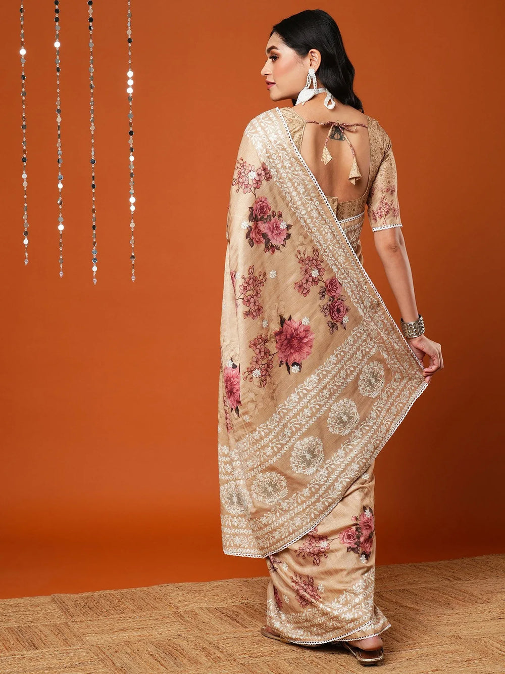Exquisite Cream Floral Print Dola Silk Saree - The Dori Store