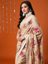 Exquisite Cream Floral Print Dola Silk Saree - The Dori Store